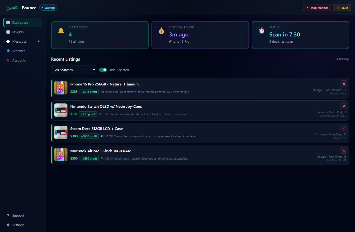 Pounce dashboard with local deal alerts, pricing context, and monitor controls