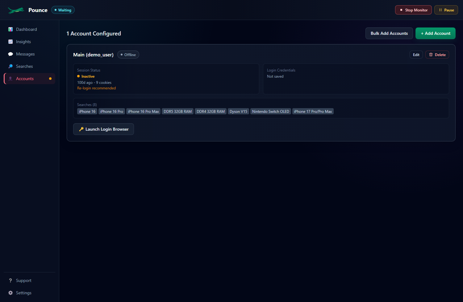Pounce Accounts tab