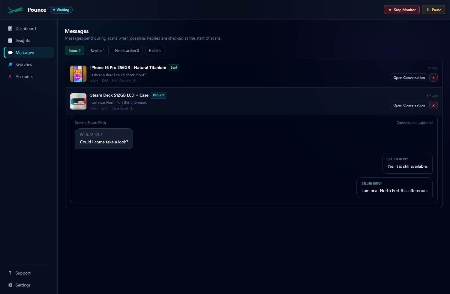 Pounce Messages tab with opener and seller replies