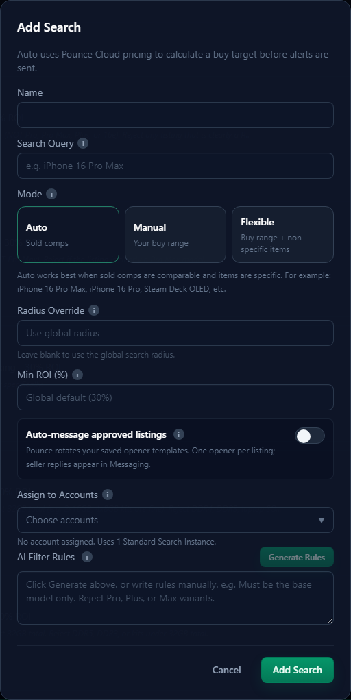 Pounce search editor with pricing options