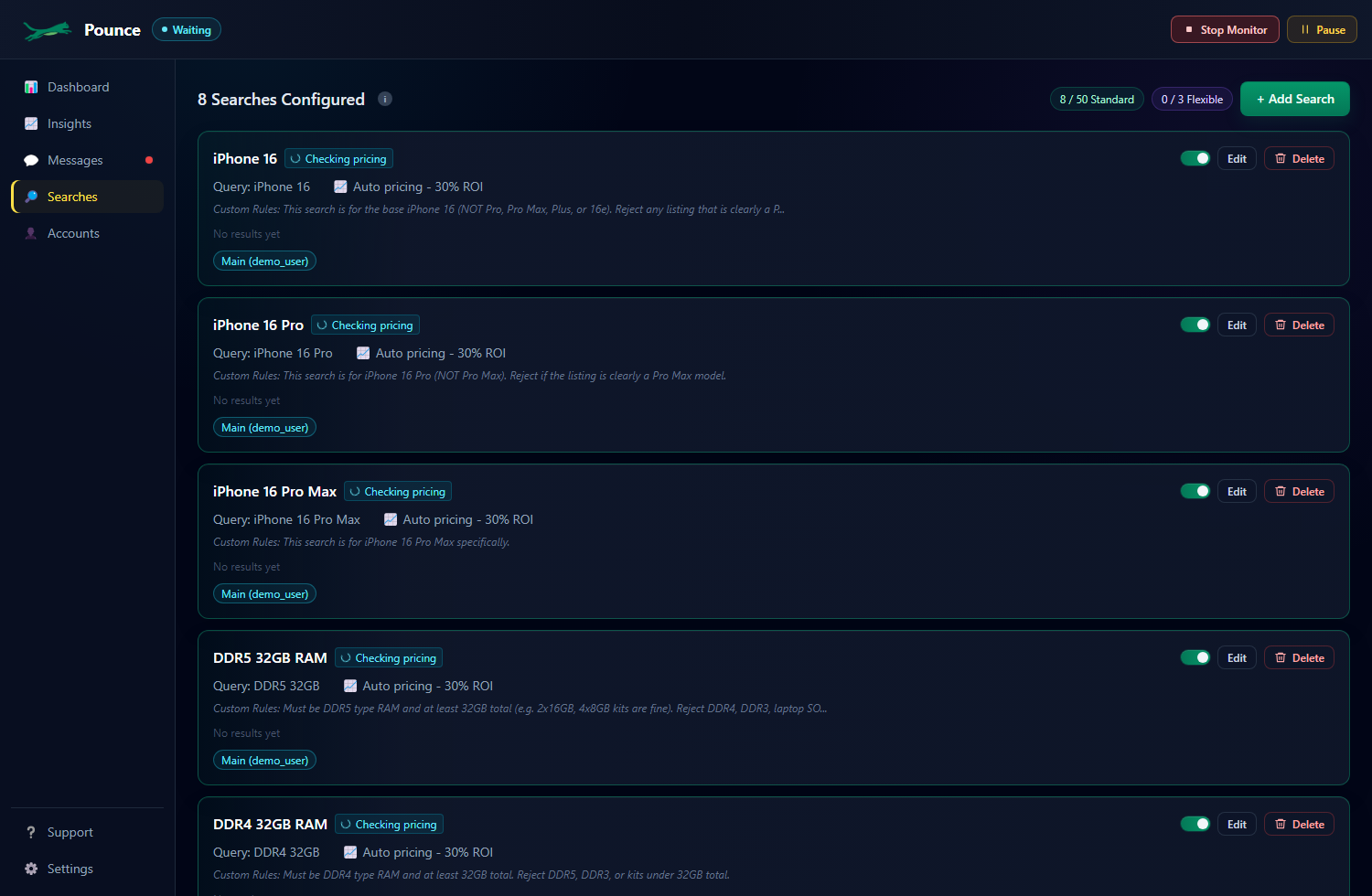 Pounce Searches tab