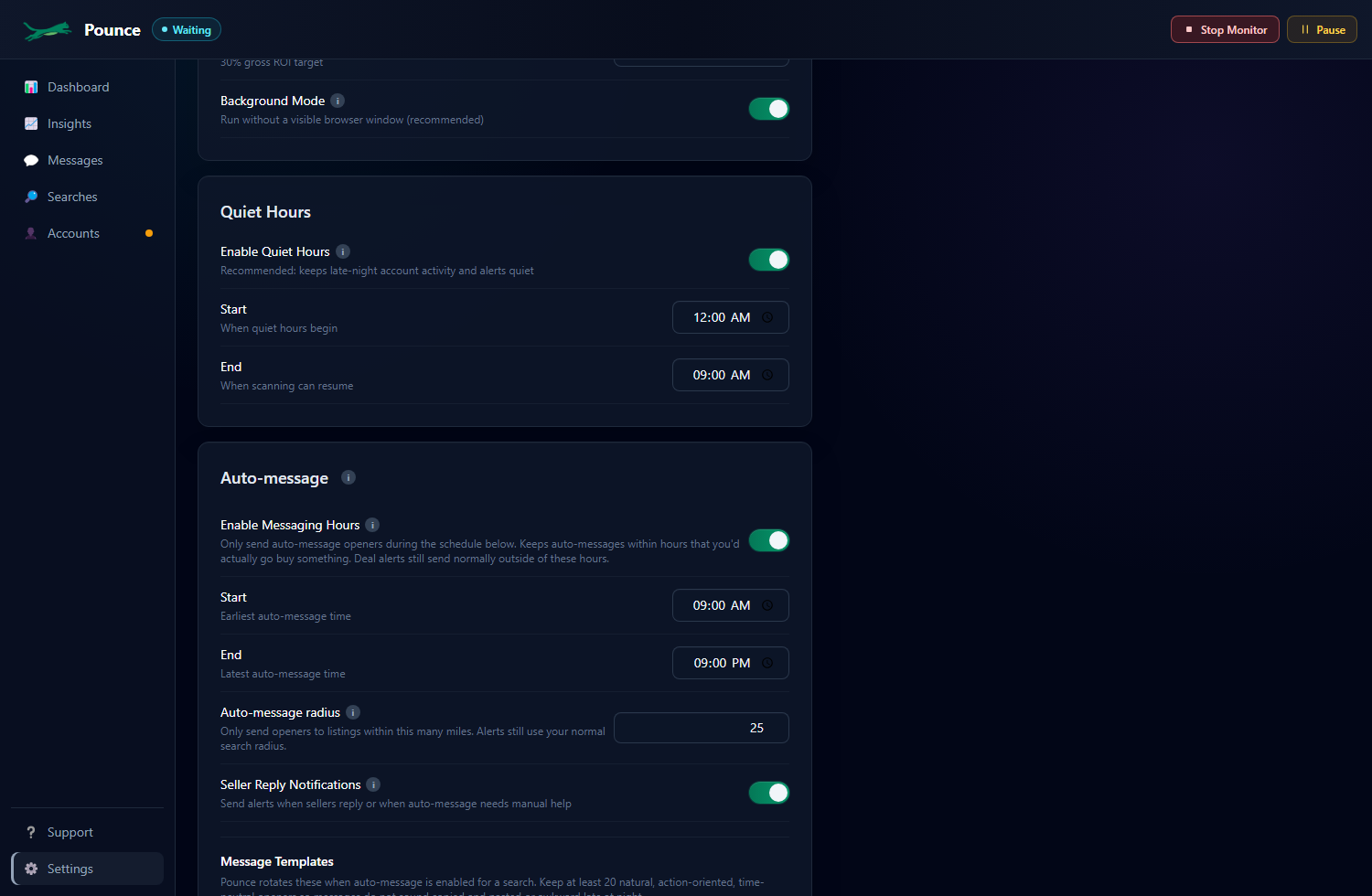 Pounce Auto-message settings