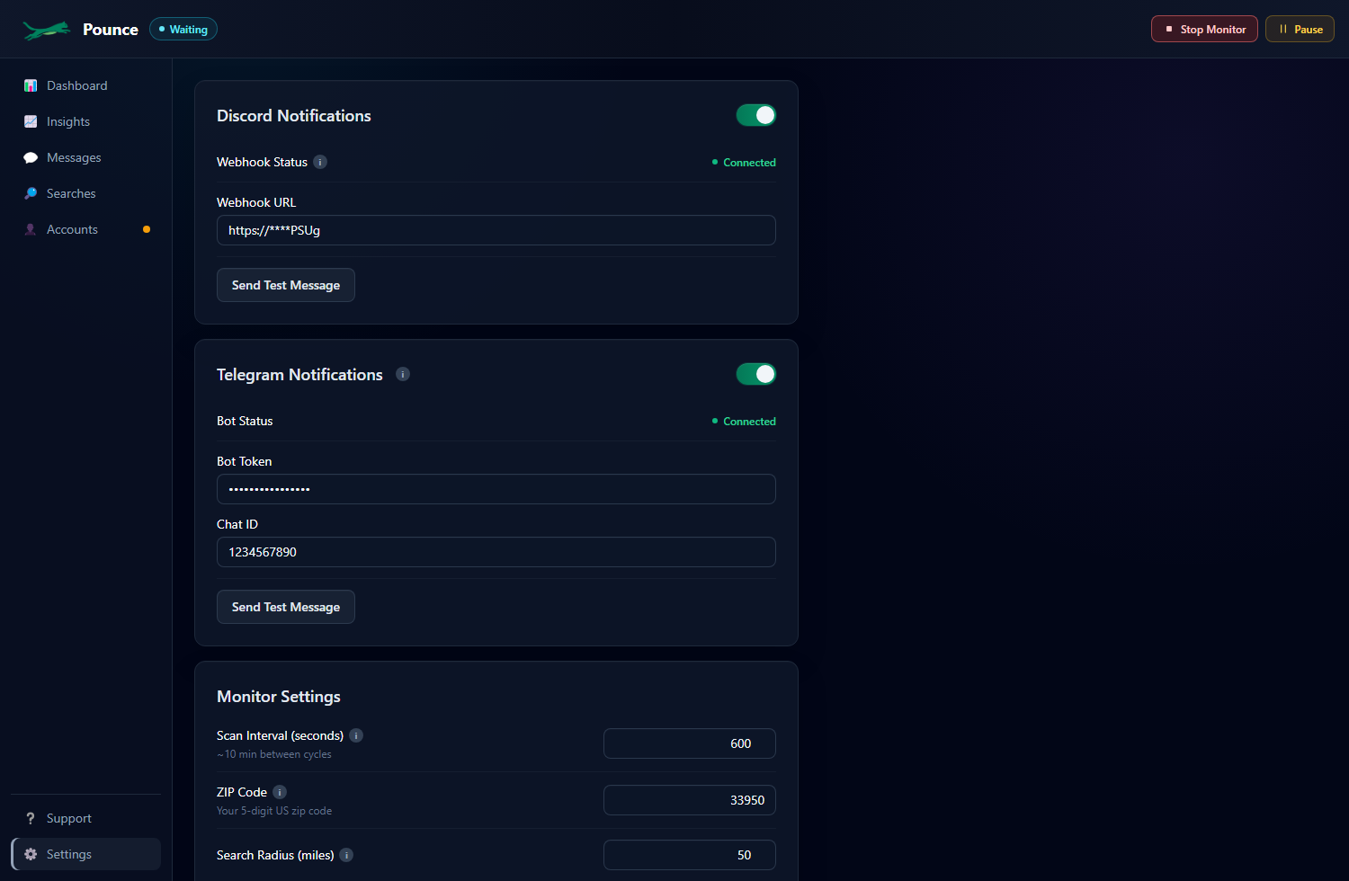 Pounce Settings tab with notification settings