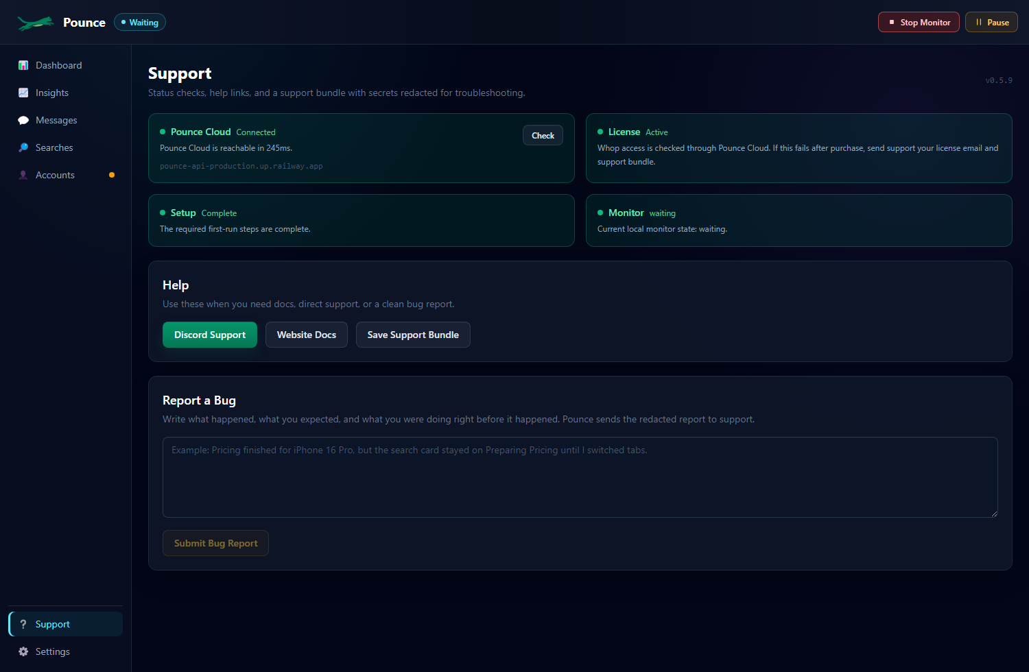 Pounce Support tab