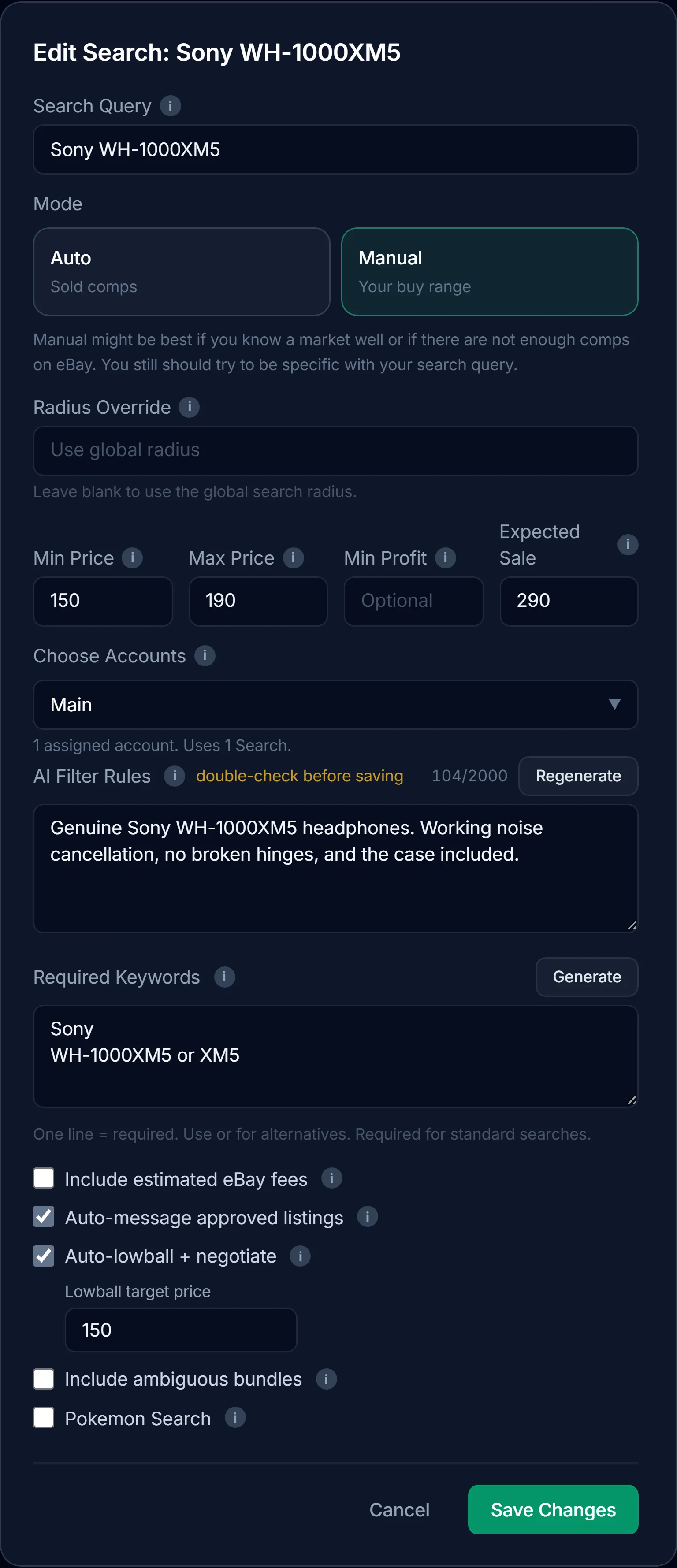 Custom manual search editor for Sony headphones with a buy range and editable search rules