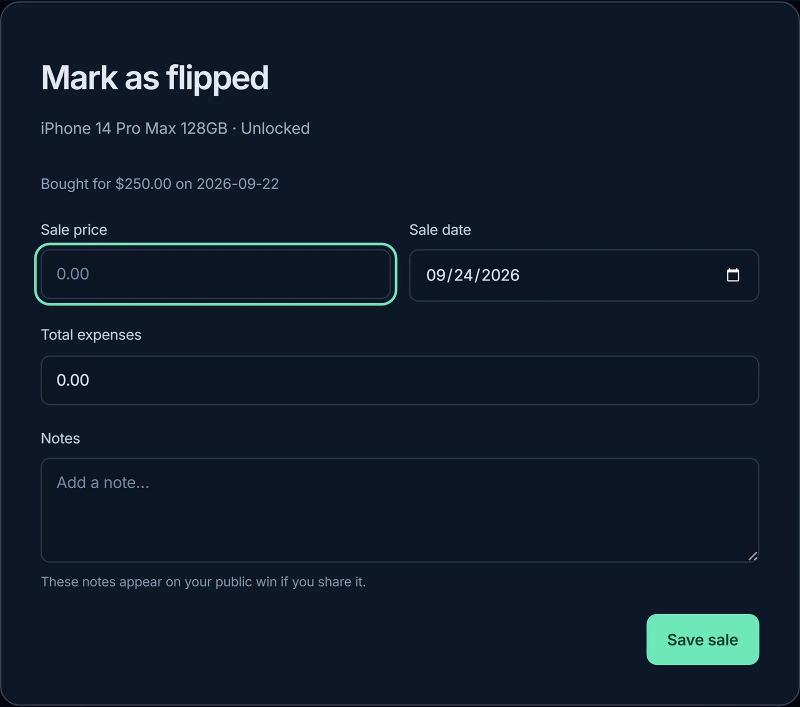 Mark as flipped form asking for sale price, sale date, total expenses, and notes