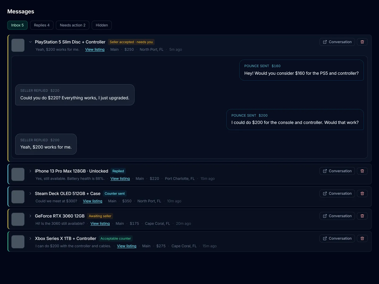 Current Messages inbox with an expanded PS5 negotiation and Seller accepted · needs you status