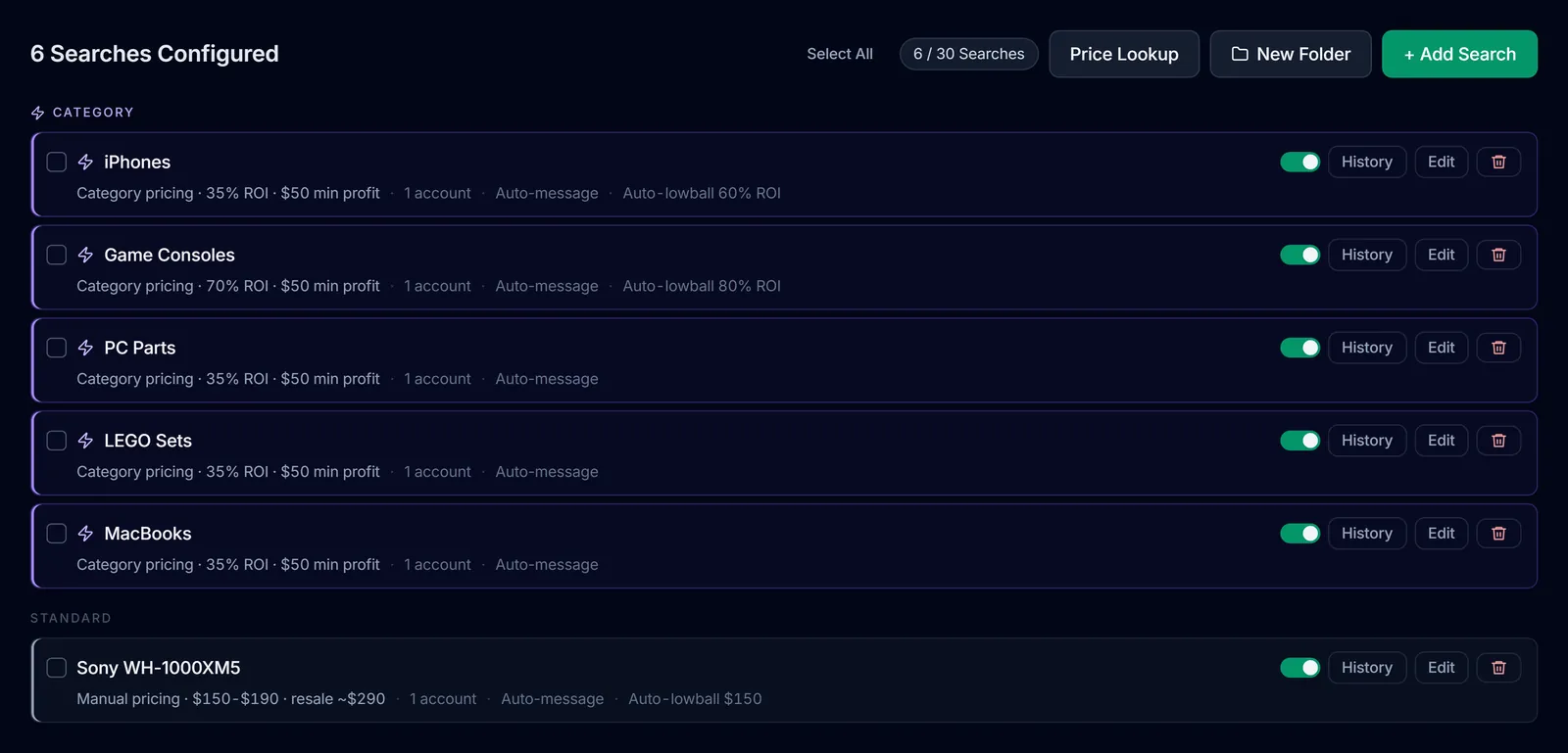 Searches page showing category searches, a custom manual search, account usage, and messaging options