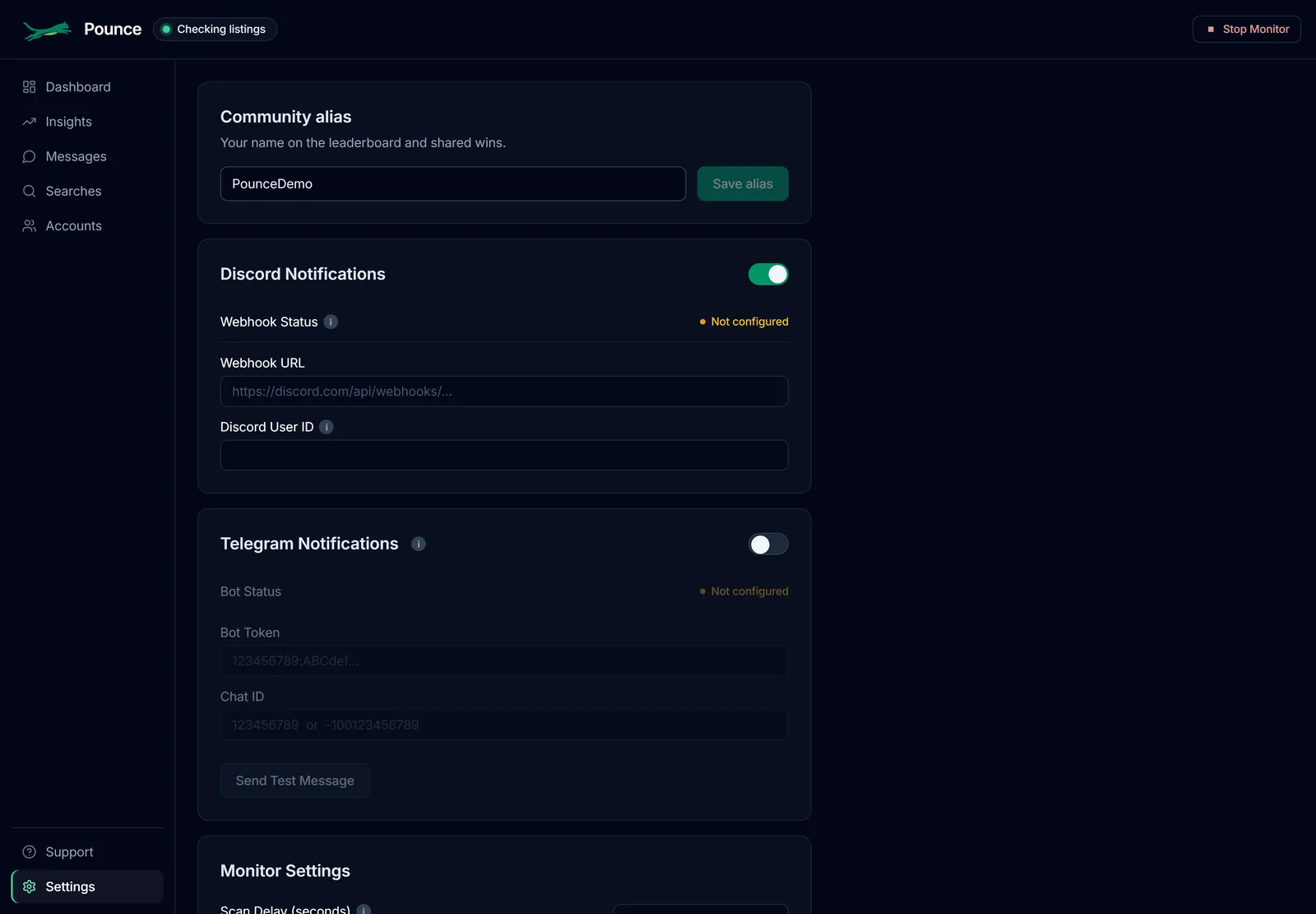 Current Settings page with notification channel configuration and test controls