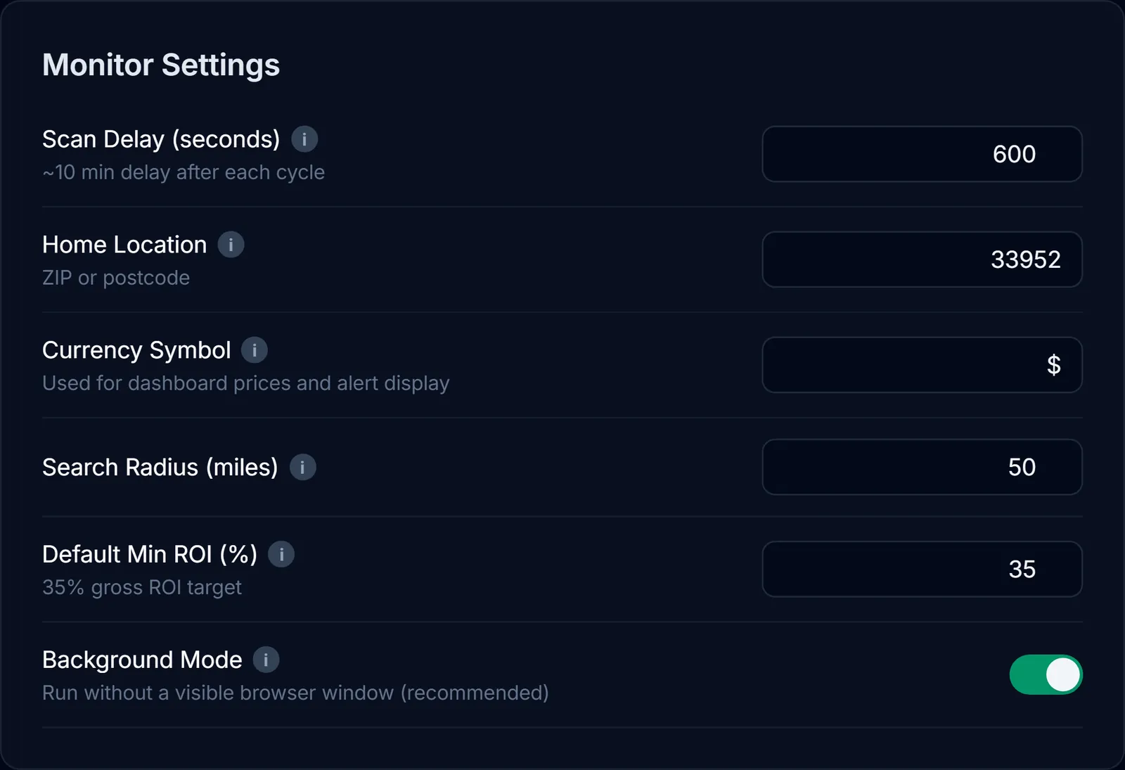 Monitor settings for scan delay, home location, display currency, radius, default ROI, and background mode