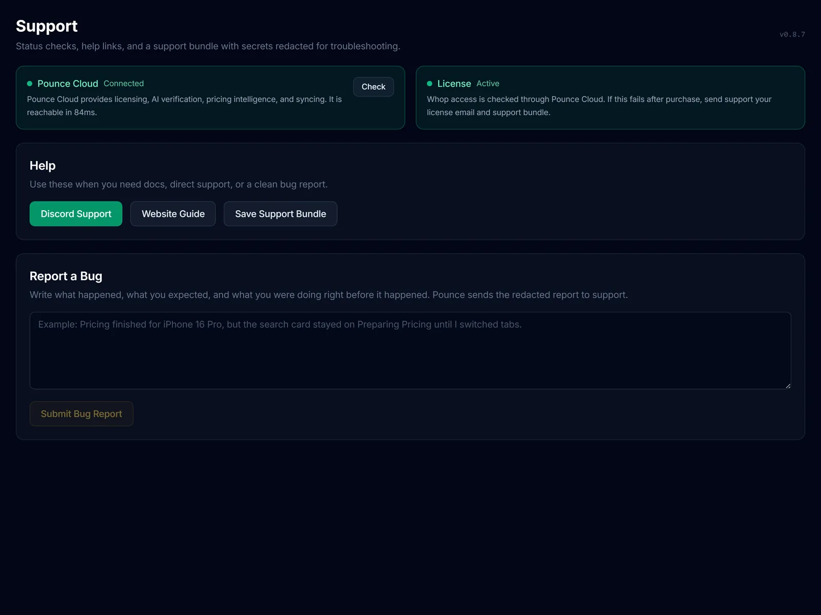 Current Support page with connection status, license status, help links, support bundle, and bug report form