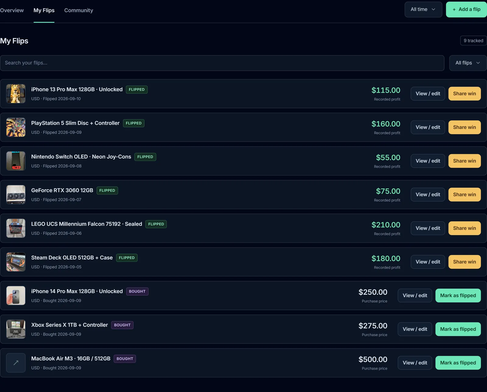 My Flips showing bought inventory, completed sales, and actions to record a sale or share a win