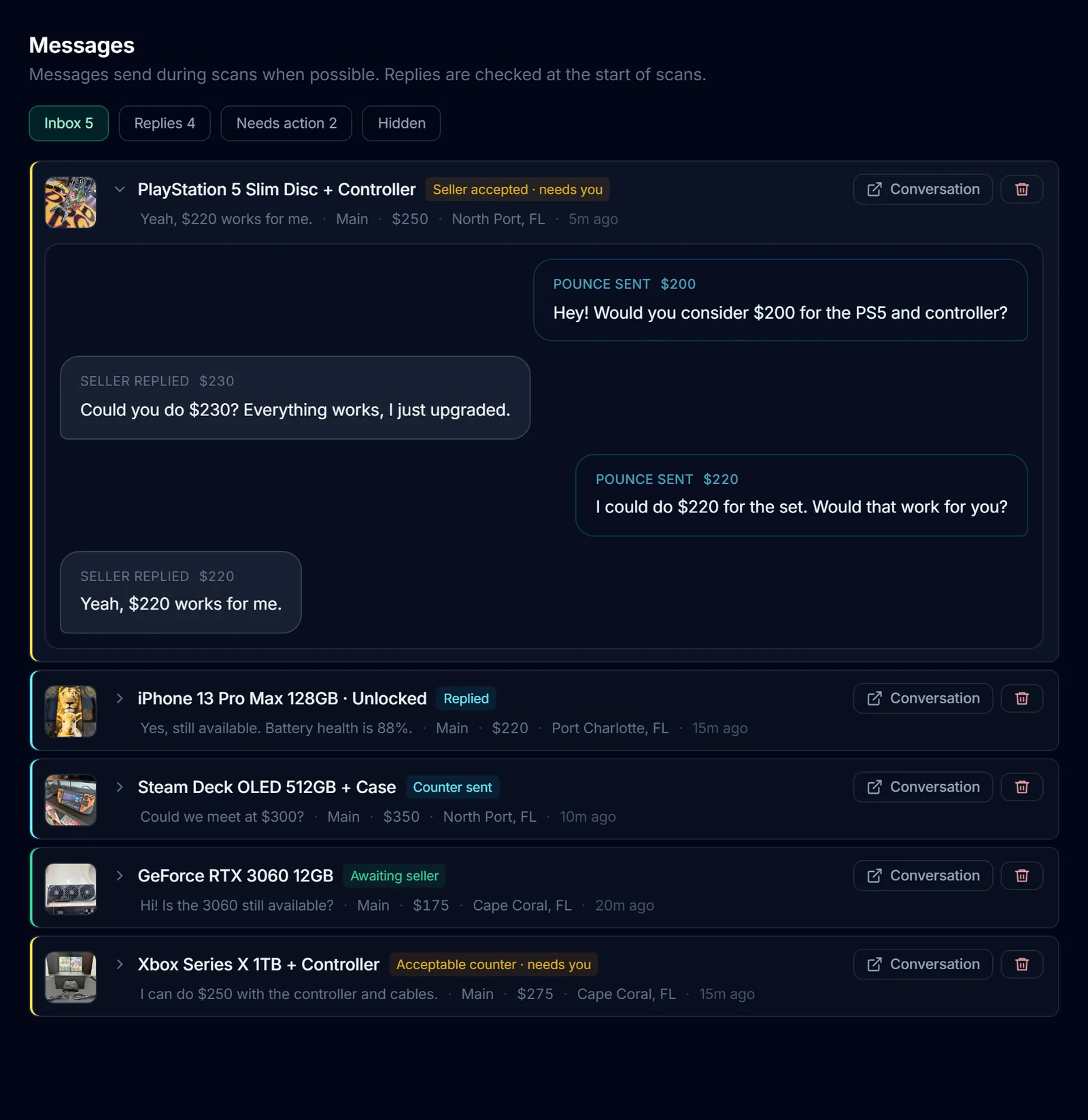 Pounce Messages showing a sample lowball negotiation, an accepted offer, and conversations needing attention